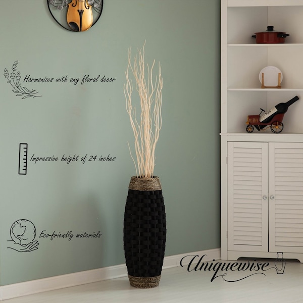 Uniquewise Rustic Tall Floor Vase - 24-inch Handcrafted Black Woven Vase, Decorative Accent for Home - QI004674