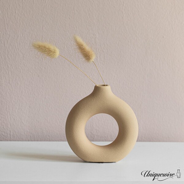 Uniquewise 5-Inch Decorative Small Hollow Ceramic Donut Table Vase - Handmade, Minimalist Boho Style,  - QI004733.S