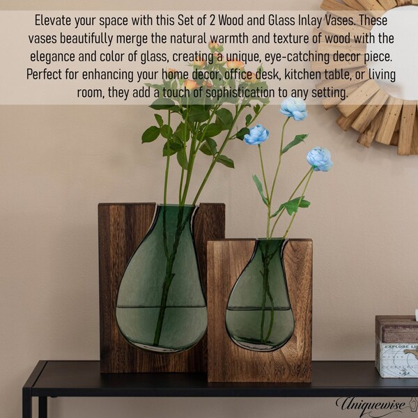 Uniquewise Pair of 10 and 12-Inch Wood and Glass Inlay Vases - Merging the Natural Warmth and Texture of - QI004737.2