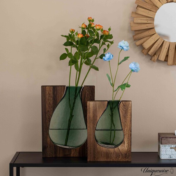 Uniquewise Pair of 10 and 12-Inch Wood and Glass Inlay Vases - Merging the Natural Warmth and Texture of - QI004737.2