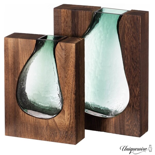 Uniquewise Pair of 10 and 12-Inch Wood and Glass Inlay Vases - Merging the Natural Warmth and Texture of - QI004737.2