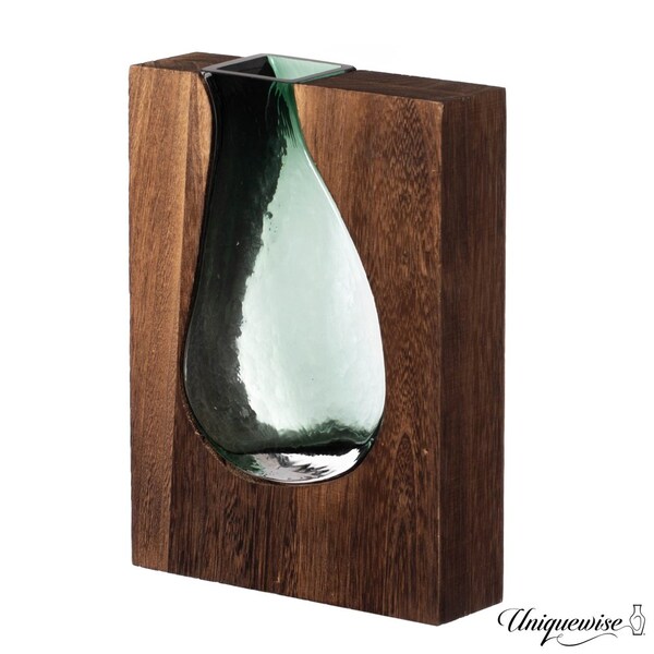 Uniquewise Pair of 10 and 12-Inch Wood and Glass Inlay Vases - Merging the Natural Warmth and Texture of - QI004737.2