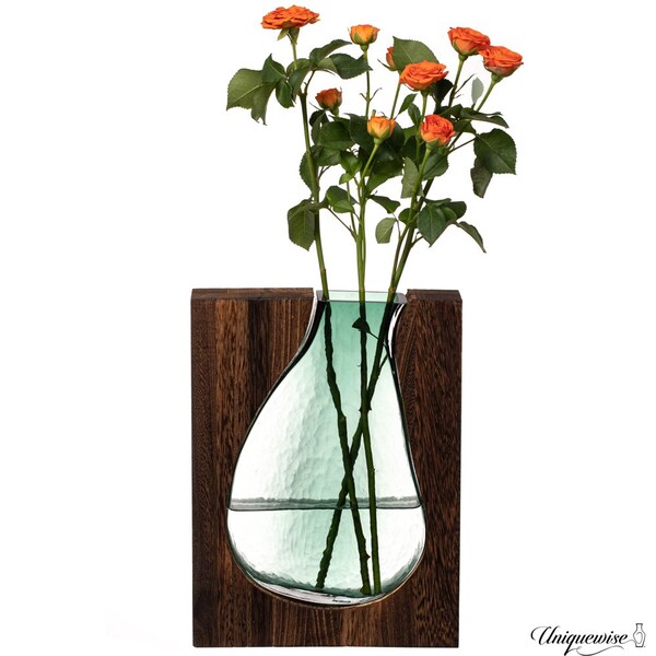 Uniquewise Pair of 10 and 12-Inch Wood and Glass Inlay Vases - Merging the Natural Warmth and Texture of - QI004737.2