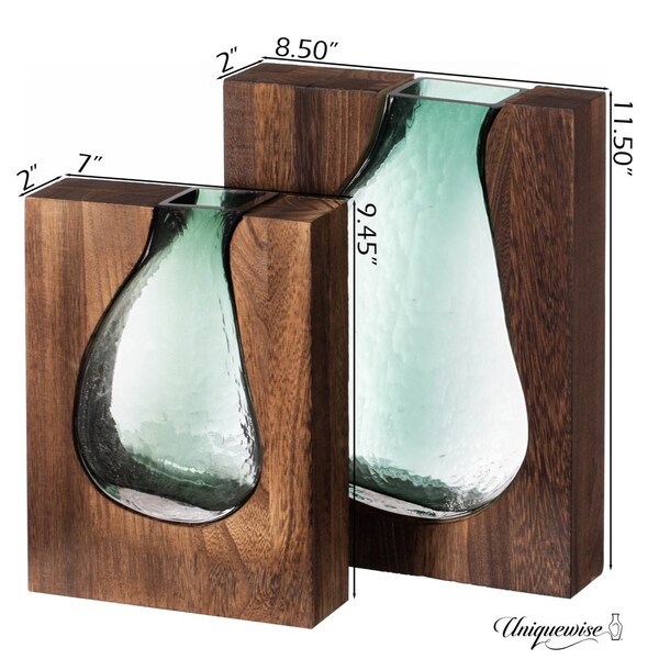 Uniquewise Pair of 10 and 12-Inch Wood and Glass Inlay Vases - Merging the Natural Warmth and Texture of - QI004737.2
