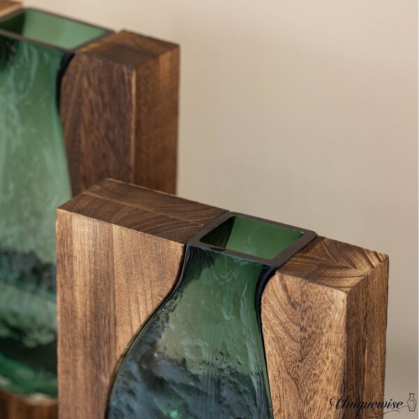 Uniquewise Pair of 10 and 12-Inch Wood and Glass Inlay Vases - Merging the Natural Warmth and Texture of - QI004737.2