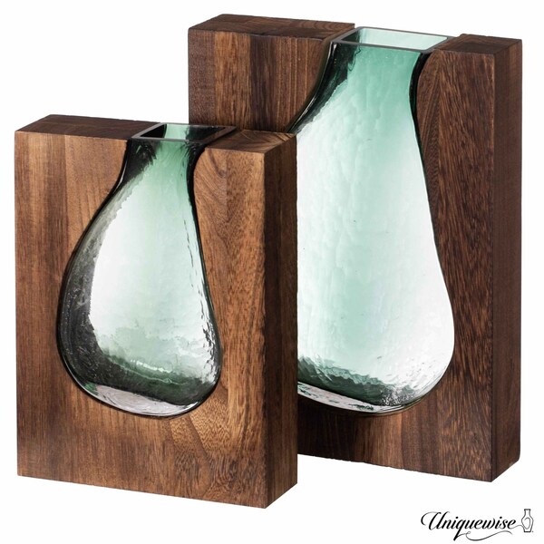 Uniquewise Pair of 10 and 12-Inch Wood and Glass Inlay Vases - Merging the Natural Warmth and Texture of - QI004737.2