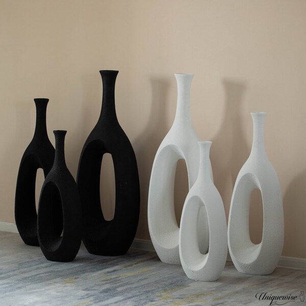 Uniquewise Set of 3 Frosted White Fiberglass Tall Floor Vase - Decorative Vase for Modern Home Decor - QI004677.3