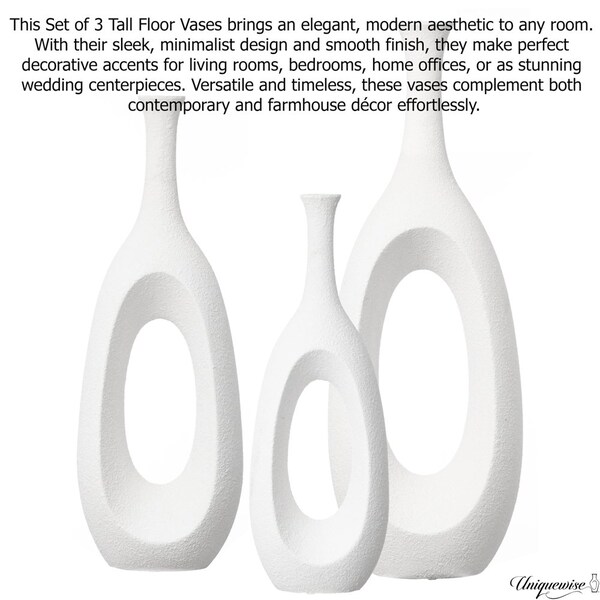 Uniquewise Set of 3 Frosted White Fiberglass Tall Floor Vase - Decorative Vase for Modern Home Decor - QI004677.3