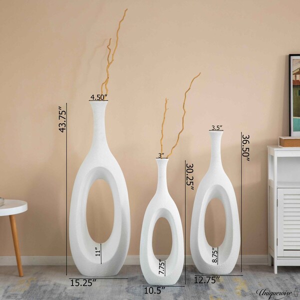Uniquewise Set of 3 Frosted White Fiberglass Tall Floor Vase - Decorative Vase for Modern Home Decor - QI004677.3