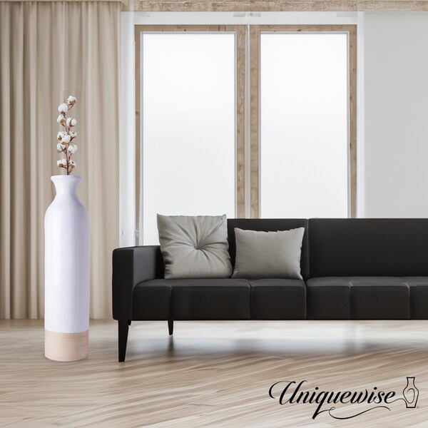 Uniquewise Cylinder Shaped Tall Spun Bamboo Floor Vase Glossy White Lacquer and Natural Bamboo Finish, Small - QI003455WN.S