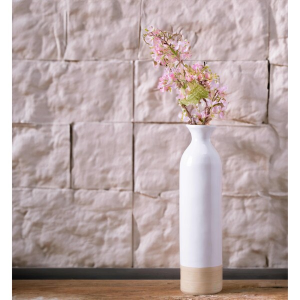 Uniquewise Cylinder Shaped Tall Spun Bamboo Floor Vase Glossy White Lacquer and Natural Bamboo Finish, Small - QI003455WN.S