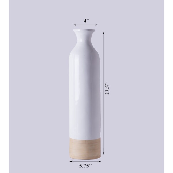 Uniquewise Cylinder Shaped Tall Spun Bamboo Floor Vase Glossy White Lacquer and Natural Bamboo Finish, Small - QI003455WN.S