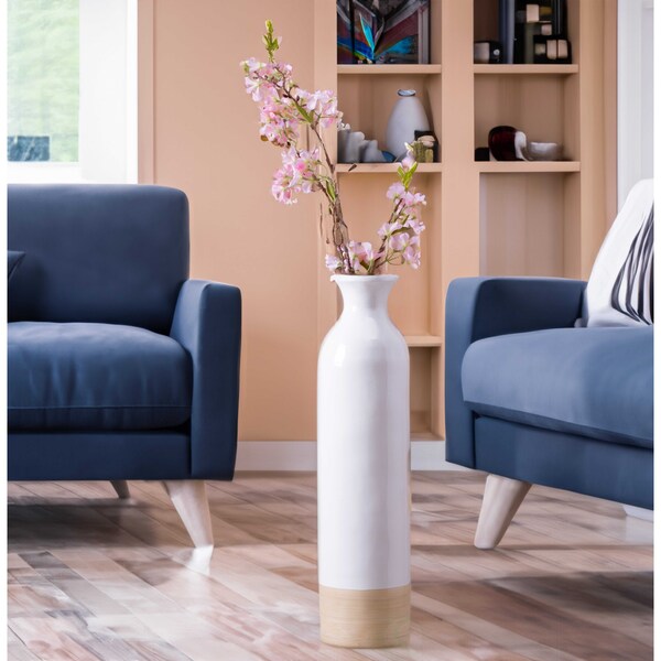 Uniquewise Cylinder Shaped Tall Spun Bamboo Floor Vase Glossy White Lacquer and Natural Bamboo Finish, Small - QI003455WN.S