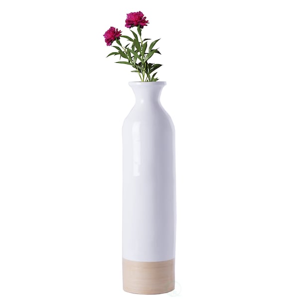 Uniquewise Cylinder Shaped Tall Spun Bamboo Floor Vase Glossy White Lacquer and Natural Bamboo Finish, Small - QI003455WN.S