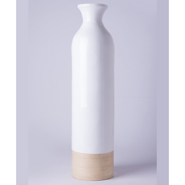 Uniquewise Cylinder Shaped Tall Spun Bamboo Floor Vase Glossy White Lacquer and Natural Bamboo Finish, Small - QI003455WN.S