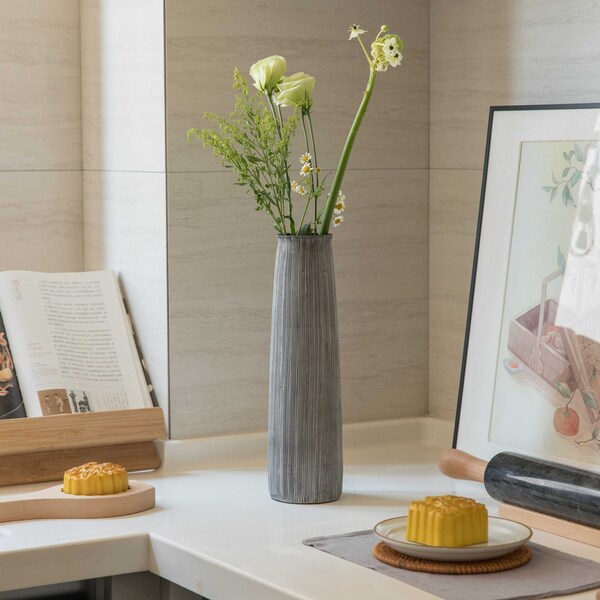 Uniquewise Decorative Modern Round Table Centerpiece Flower Vase with Gray Striped Design, 12 Inch - QI004175.L