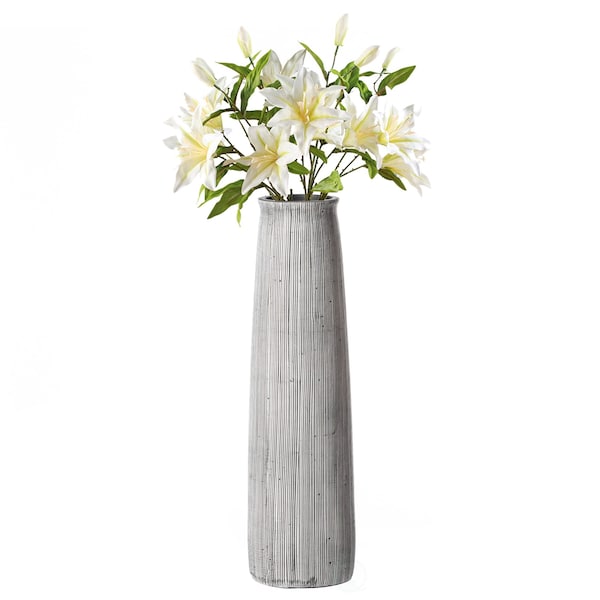 Uniquewise Decorative Modern Round Table Centerpiece Flower Vase with Gray Striped Design, 12 Inch - QI004175.L