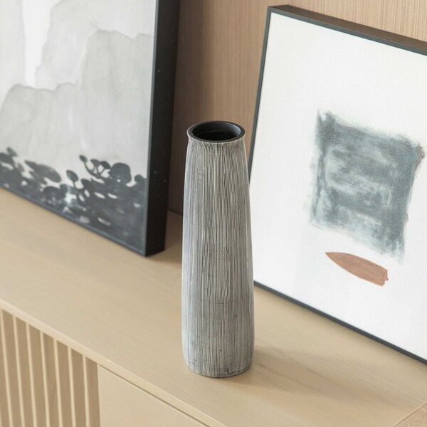 Uniquewise Decorative Modern Round Table Centerpiece Flower Vase with Gray Striped Design, 12 Inch - QI004175.L
