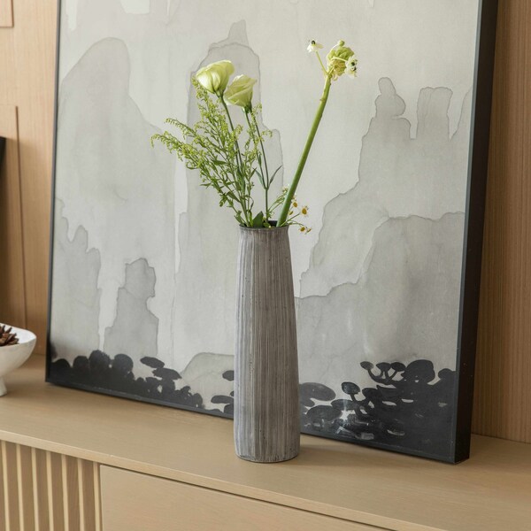 Uniquewise Decorative Modern Round Table Centerpiece Flower Vase with Gray Striped Design, 12 Inch - QI004175.L