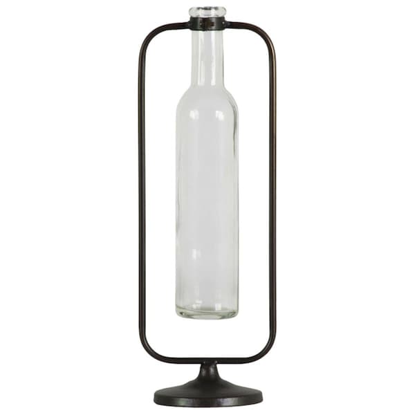 H2H Metal Hanging Bud Vase with Tall Glass Bottle Vase on Round Base, Metallic Gunmetal Gray - H22500768