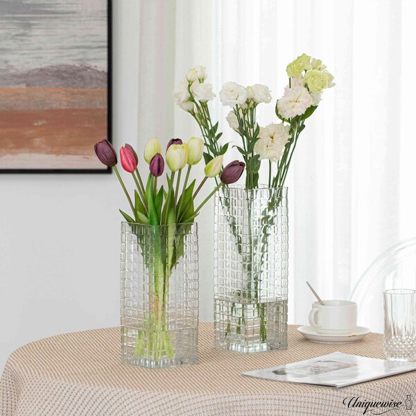 Uniquewise Set of 2 Square Frosted Clear Glass Table Vase - A Timeless Centerpiece for Dining Tables - QI004738.CR.2