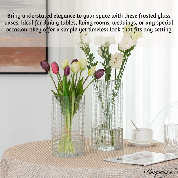 Uniquewise Set of 2 Square Frosted Clear Glass Table Vase - A Timeless Centerpiece for Dining Tables - QI004738.CR.2