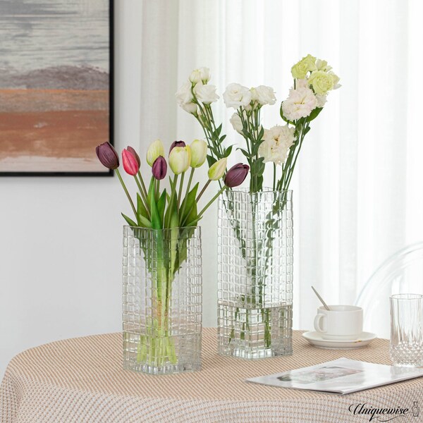 Uniquewise Set of 2 Square Frosted Clear Glass Table Vase - A Timeless Centerpiece for Dining Tables - QI004738.CR.2