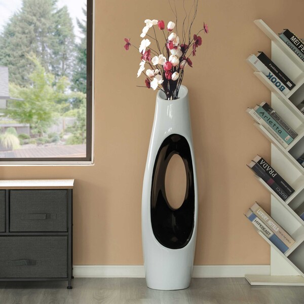 Uniquewise Modern Unique White Floor Flower Vase with Black Interior, for Living, Entryway or Dining, 43 inch - QI004193