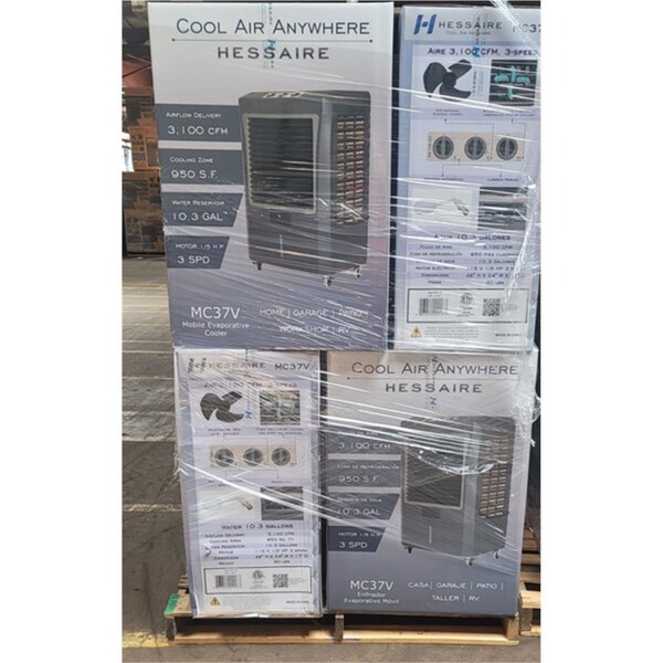 Hessaire Mc37V 3,100 Cfm 3-Speed Portable Evaporative Cooler Swamp Cooler For 950 Sq Pallet Of 10 Units - MC37V-PL10