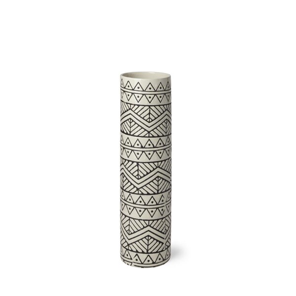 Homeroots 14 in. Black & Cream Tribal Geo Ceramic Vase - 397500