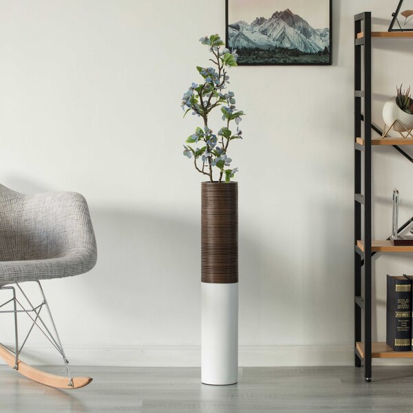 Uniquewise Modern Tall Decorative White and Brown Ribbed Cylinder Floor Vase, 25 Inch - QI004190.S