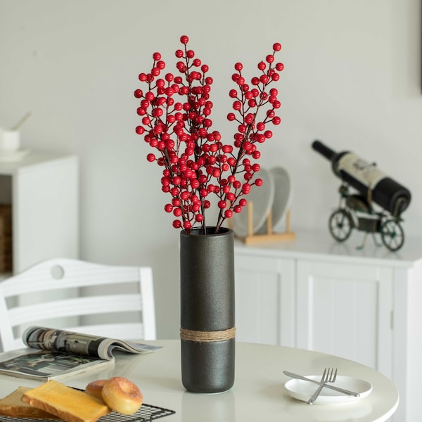 Uniquewise Decorative Modern Ceramic Cylinder Shape Table Vase Flower Holder with Rope, Black 11 Inch - QI004362.L.BK
