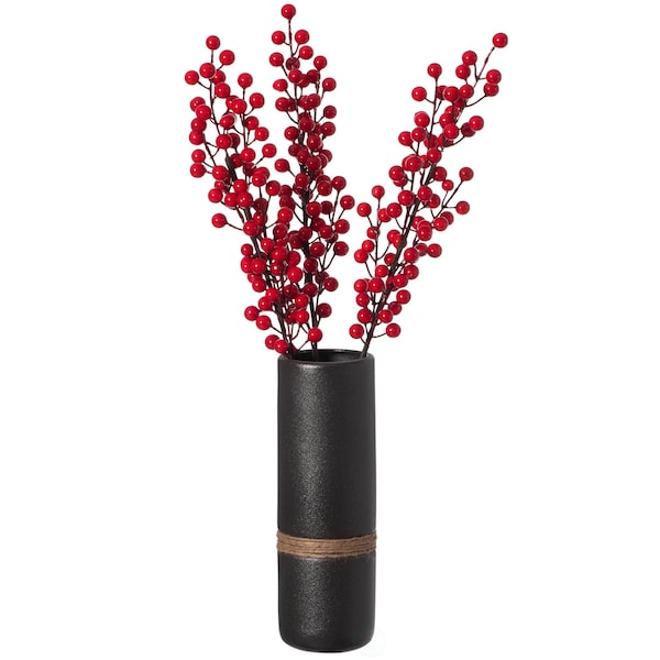 Uniquewise Decorative Modern Ceramic Cylinder Shape Table Vase Flower Holder with Rope, Black 11 Inch - QI004362.L.BK