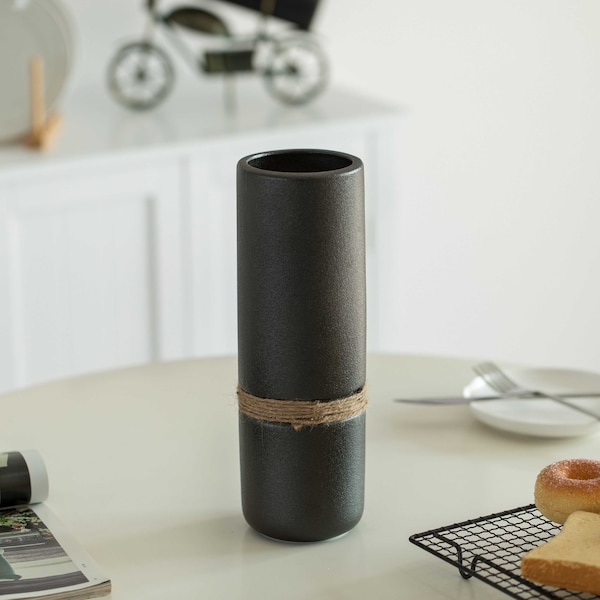 Uniquewise Decorative Modern Ceramic Cylinder Shape Table Vase Flower Holder with Rope, Black 11 Inch - QI004362.L.BK