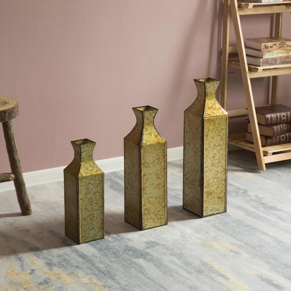 Uniquewise Antique Style Metal Bottle Shape Gold Floor Vase for Entryway, Living Room or Dining Room, Set of 3 - QI004442.3