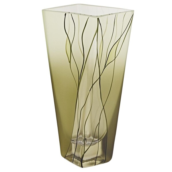 Homeroots 8 in. Mouth Blown European Made Green Glass Hand Decorated Squarish Vase - 375728