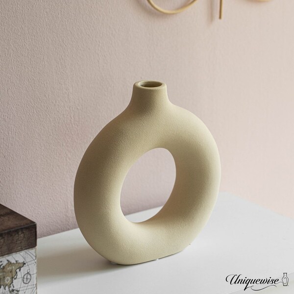 Uniquewise 9-Inch Decorative Large Hollow Ceramic Donut Table Vase - Handmade, Minimalist Boho Style,  - QI004733.L