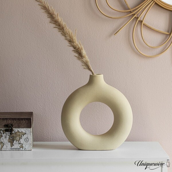 Uniquewise 9-Inch Decorative Large Hollow Ceramic Donut Table Vase - Handmade, Minimalist Boho Style,  - QI004733.L