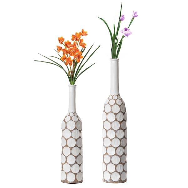 Uniquewise Decorative Contemporary Floor Vase White Carved Divot Bubble Design with Tall Neck, PK 2 - QI004180.2