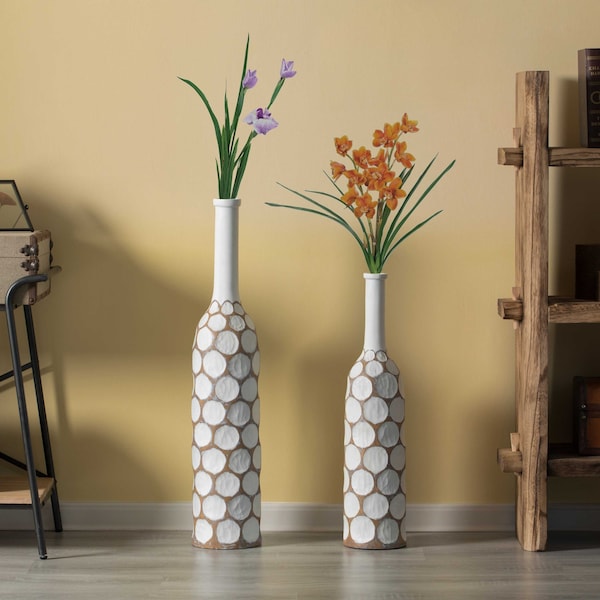 Uniquewise Decorative Contemporary Floor Vase White Carved Divot Bubble Design with Tall Neck, PK 2 - QI004180.2
