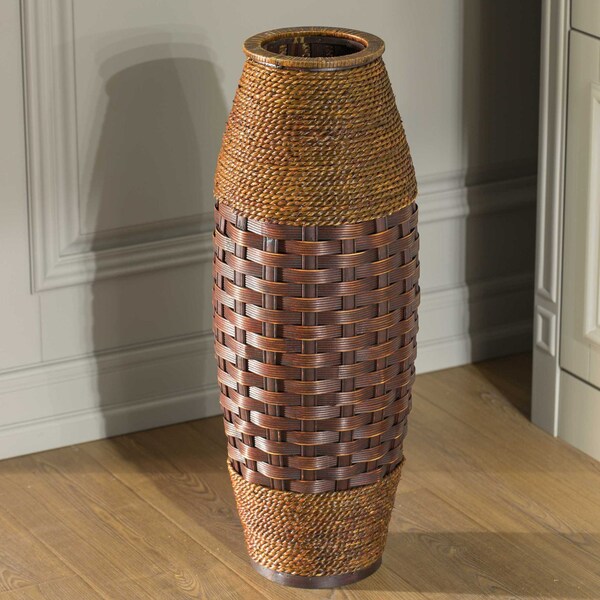Uniquewise Antique Cylinder Style Floor Vase For Entryway or Living Room, Bamboo Rope, Brown 26" Tall - QI004083