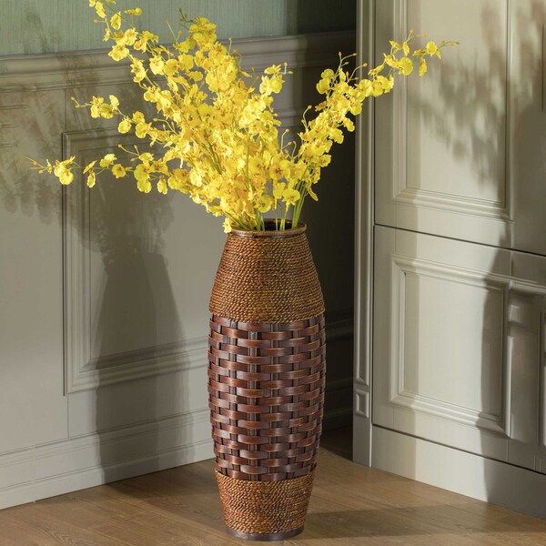 Uniquewise Antique Cylinder Style Floor Vase For Entryway or Living Room, Bamboo Rope, Brown 26" Tall - QI004083