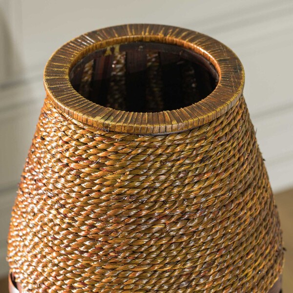 Uniquewise Antique Cylinder Style Floor Vase For Entryway or Living Room, Bamboo Rope, Brown 26" Tall - QI004083