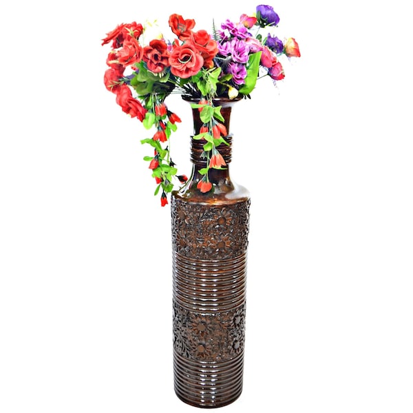 Uniquewise Antique Decorative Brown Hand Curved Mango Wood Floor Flower Vase with Unique Textured Pattern, 36" - QI004009