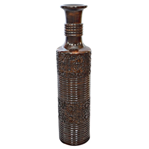 Uniquewise Antique Decorative Brown Hand Curved Mango Wood Floor Flower Vase with Unique Textured Pattern, 36" - QI004009