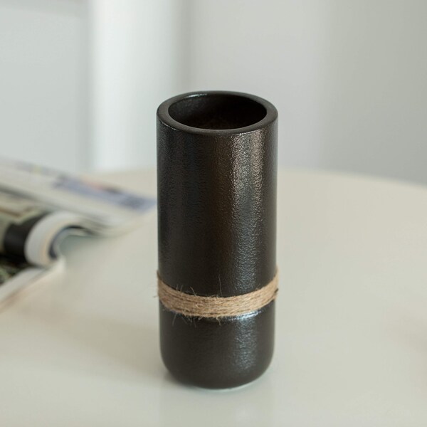 Uniquewise Decorative Modern Ceramic Cylinder Shape Table Vase Flower Holder with Rope, Black, PK 2 - QI004362.2.BK