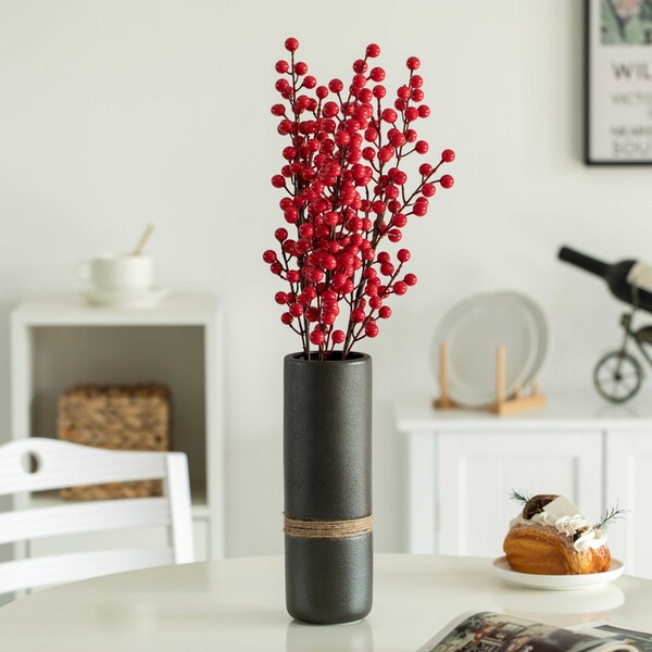 Uniquewise Decorative Modern Ceramic Cylinder Shape Table Vase Flower Holder with Rope, Black, PK 2 - QI004362.2.BK