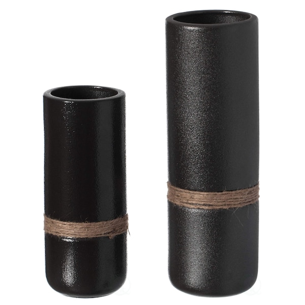 Uniquewise Decorative Modern Ceramic Cylinder Shape Table Vase Flower Holder with Rope, Black, PK 2 - QI004362.2.BK