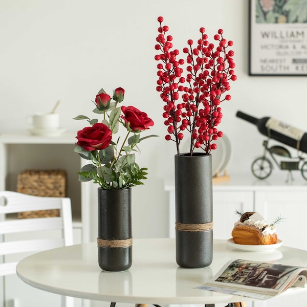 Uniquewise Decorative Modern Ceramic Cylinder Shape Table Vase Flower Holder with Rope, Black, PK 2 - QI004362.2.BK
