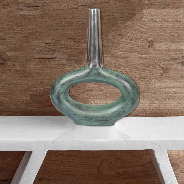 Uniquewise Decorative Antique Aluminium-Casted Table Centerpiece Flower Vase, Two Tone Patina Green , Set of 2 - QI004132-33.2